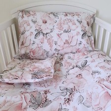 Pastel Pink Flowers COT BEDDING SET DUVET COVER PILLOWCASE, BABY Girl, COTTON