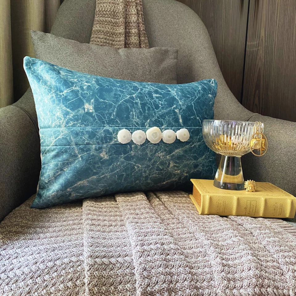 Teal Blue Suede Lumbar Pillow Cover Marble Print-Quartz Center Teal - Image 3 of 4