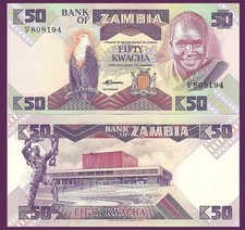 Zambia P28a, 50 Kwacha, fish eagle / slave breaking chains UNC $20 Cat Val !