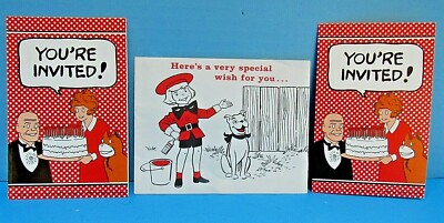 VTG. 1981 ORPHAN ANNIE BIRTHDAY INVITATION CARDS W/ENVELOPES & BUSTER BROWN CARD