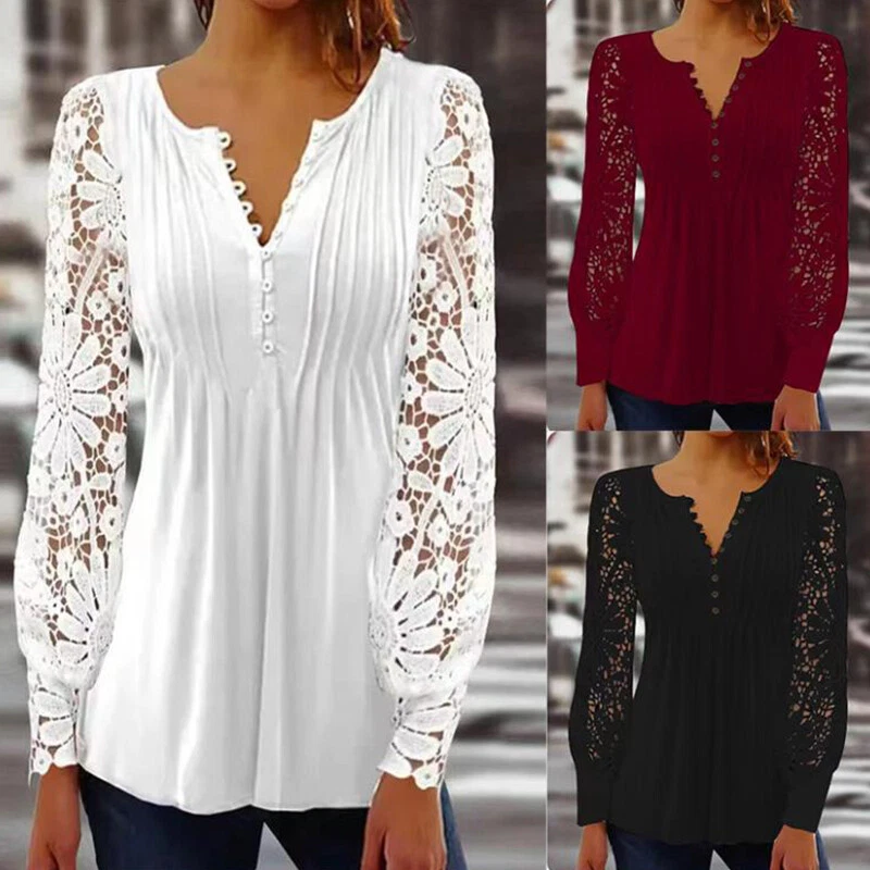 Women's Lace V-Neck T-Shirt Loose Casual Blouse Long Sleeve Summer Tops  Pullover