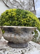 Antique French Iron Urn Planter Cache Pot Weathered Enamel Brocante Blue Grey