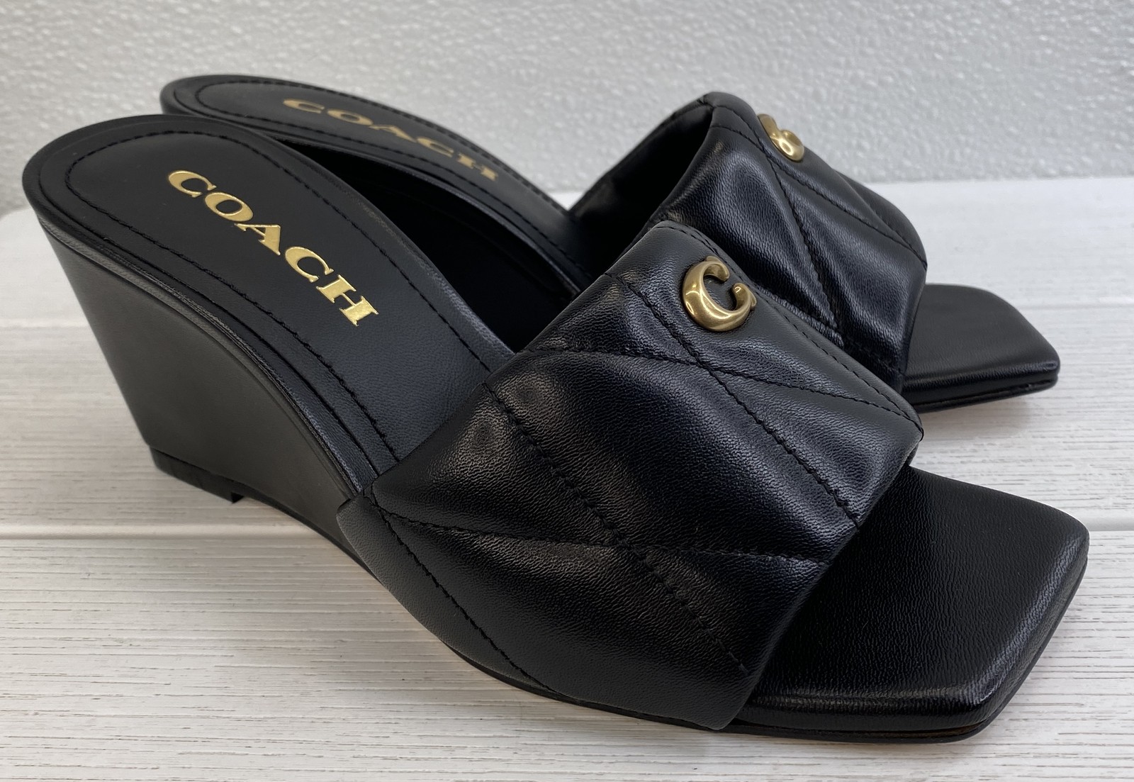 Coach Emma Wedge Women's Size 5.5B Black Quilted Leather Open Toe Sandals