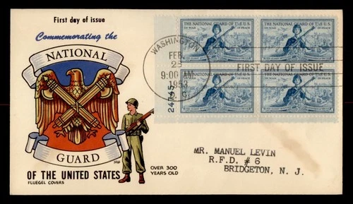 DR WHO 1953 FDC NATIONAL GUARD PLATE BLOCK FLUEGEL CACHET M80036