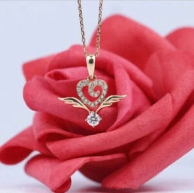 Lab Created Diamond Heart Angel Wing Pendant 14K Yellow Gold Finish Free chain