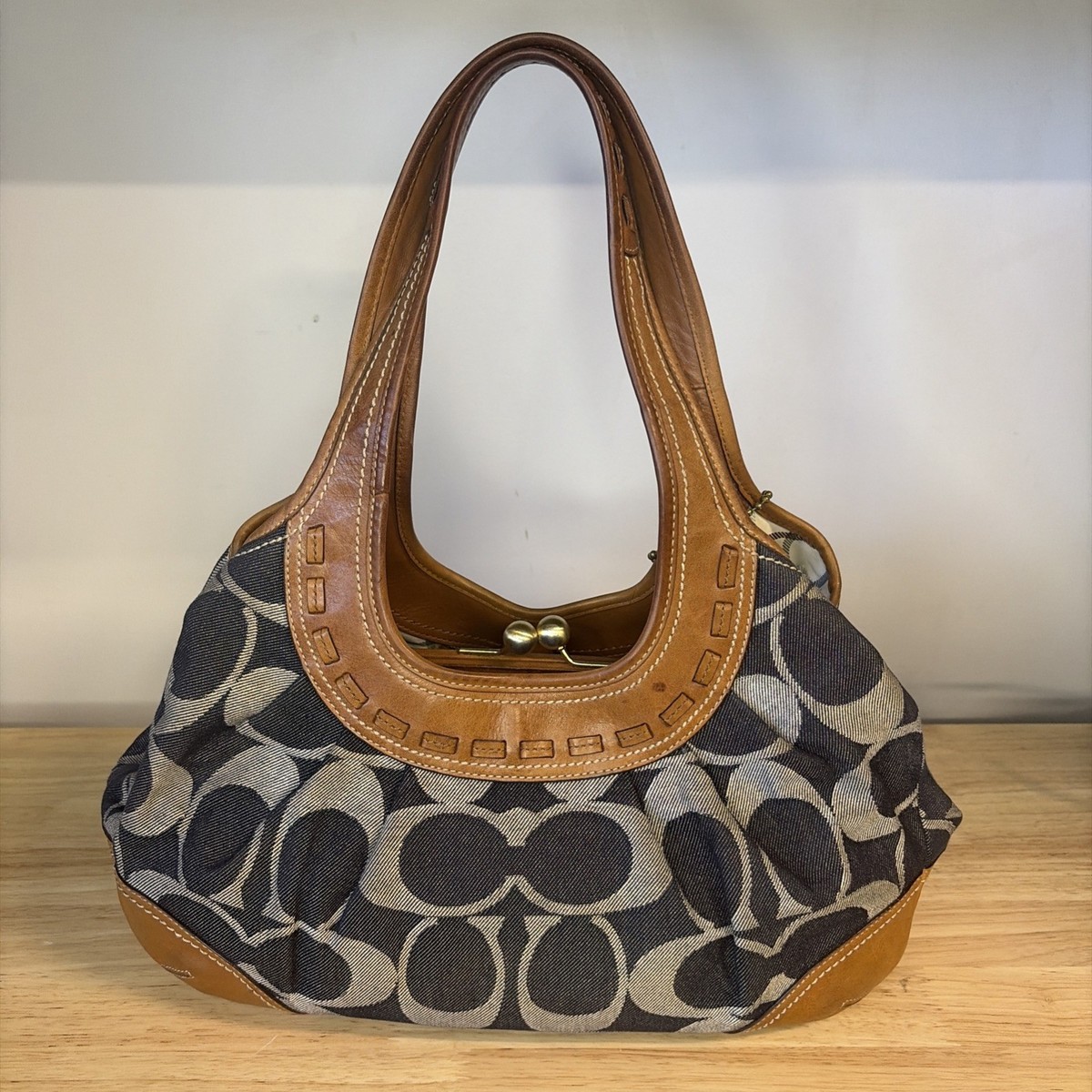 バッグ Y2K COACH Ergo Turnlock Leather Hobo Bag Coach Ergo Hobo 12747 Blue Signature Denim Lg Kisslock Tattersall