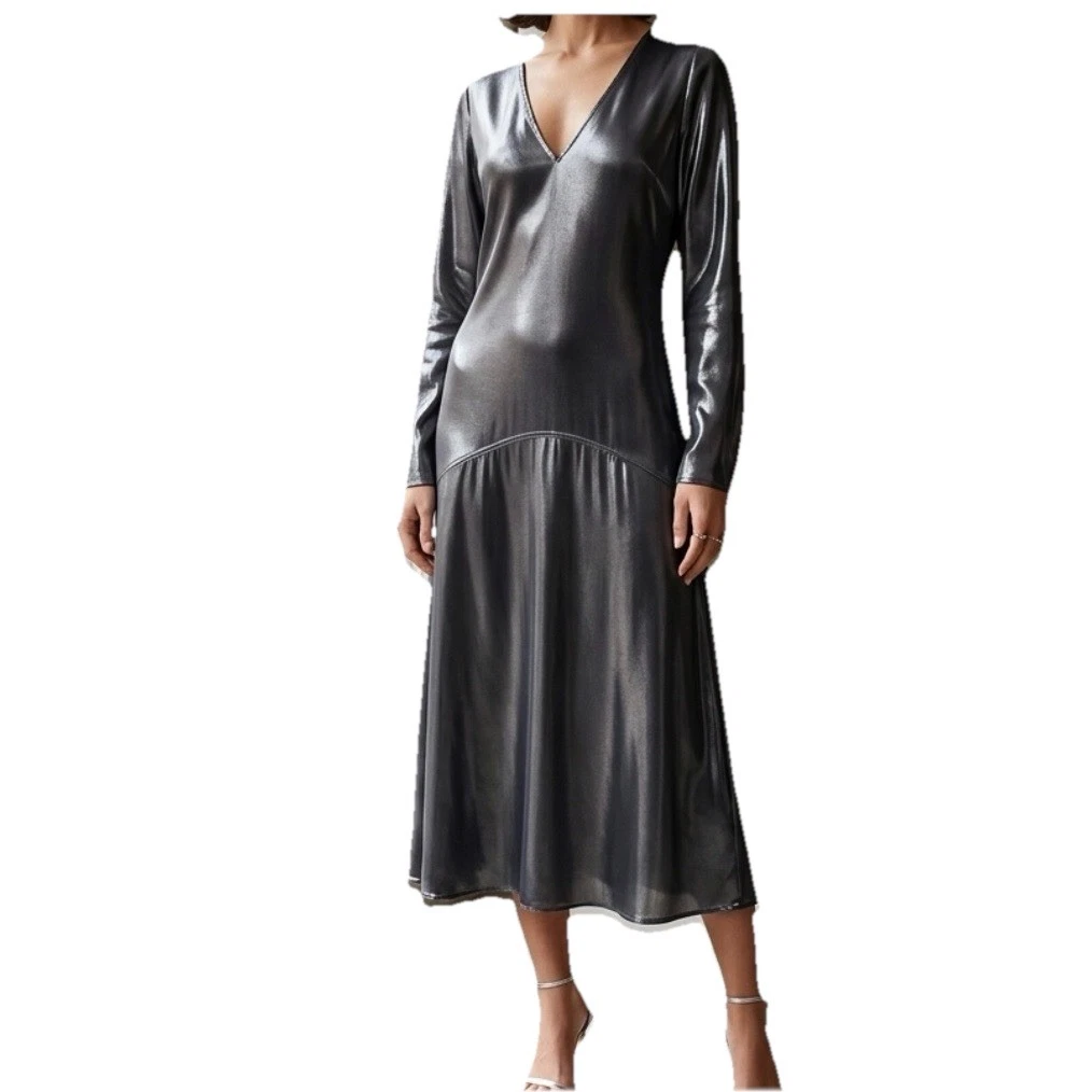 h and m metallic dress H & M NWT black lined dress sheath metallic gold trim at neck sz 6