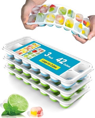 Ice Cube Trays 3 Pack with Lids Silicone Bottom Easy Release Stackable BPA Free