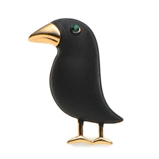 BLACK CROW PIN 1.3" Gold Plate Matte Enamel Bird Brooch Rhinestone Hat Lapel
