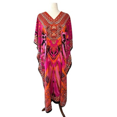 Vtg Winlar Satin Caftan Tropical Abstract Muu Muu Maxi Dress Mrs Roper 1X Beach