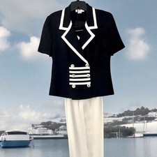 Vtg 90s Pant Suit Black White Double Breasted Jacket High Waist Pants Womens 6