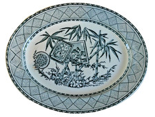 Antique Real Ironstone China Oval Plate Bamboo Black Crisp Transfer Stunning