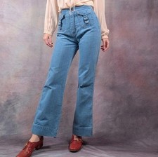 Vintage 70s 100 Cotton High Waisted Bell Bottoms 25" Waist Hippie Boho Retro