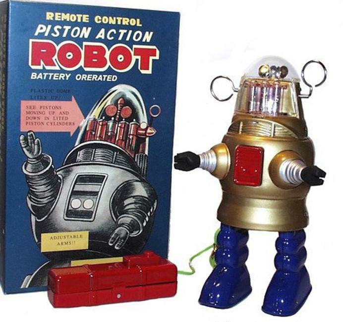 BRAND NEW HA HA TOY BATTERY OPERATED GOLD PISTON ACTION TIN ROBOT