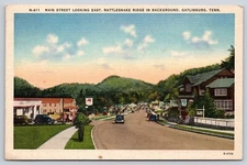 Main Street Looking East Gatlinburg TN Postcard Old Cars Mobile Gas Repair Shop