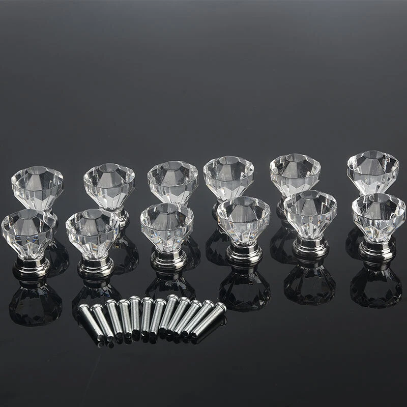 12x Diamond Glass Cabinet Crystal Door Knobs Sets Cupboard Drawer Handle Clear - Image 2 of 4