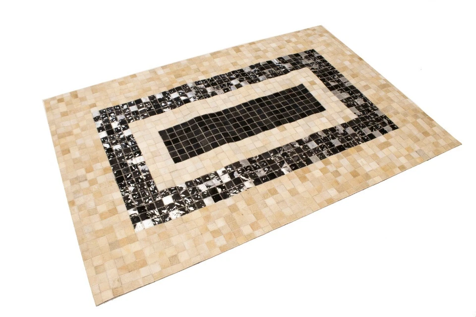 Hand-Stitched Black Beige Cowhide Leather Rug 4X6 ft Modern Contemporary Carpet - Image 3 of 4