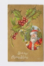 Holiday Postcard Christmas Santa Tree Trumpet Holly Best Wishes