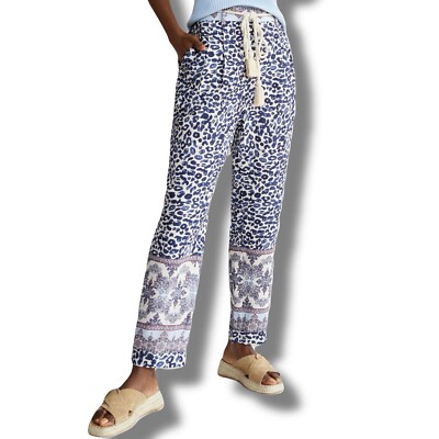 Anthropologie Ollari Women's Blue Leopard Tasseled Belt Tapered Pants sz M