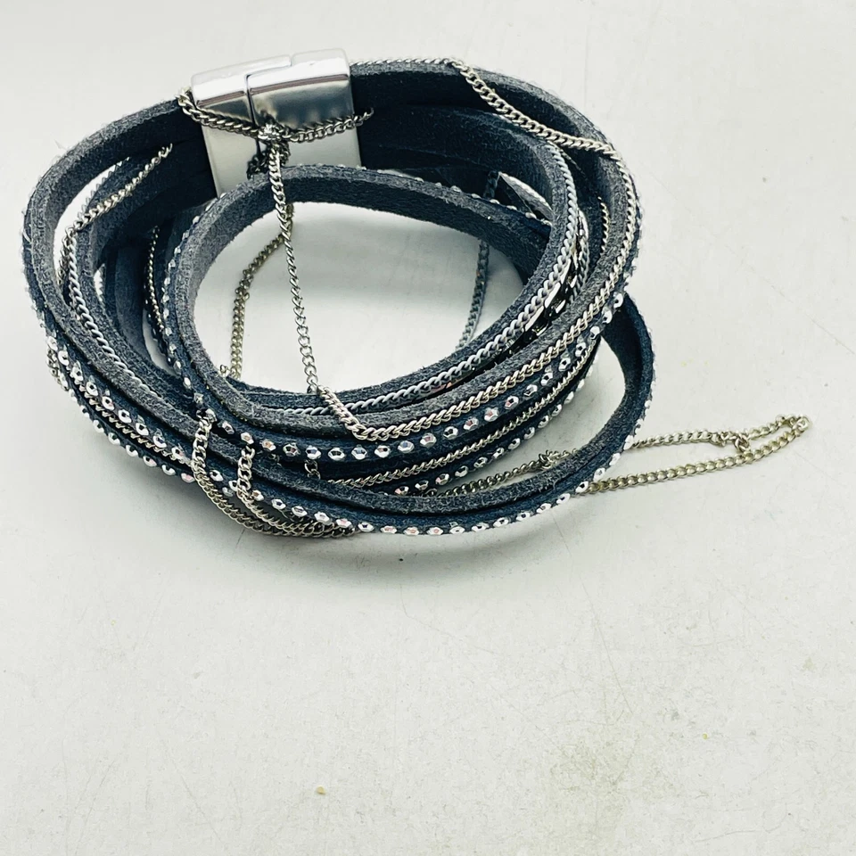 Lote de 2 Pulseras Envolventes Tono Plata Gris Marino Estrás Cadena Boho Festival Foto 4 de 4