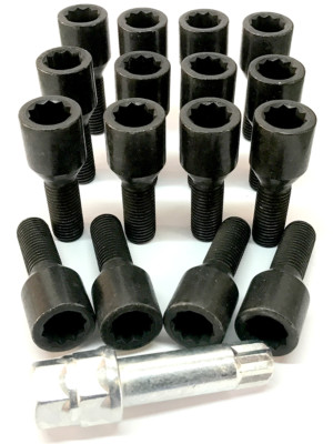 Alufelge Tuner Schrauben SCHWARZ M12 x 1,5 + 17mm Sechskant Stern Schlüssel - Fiat x 16