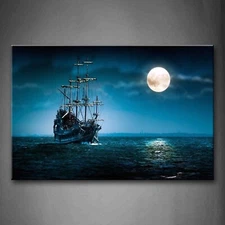 Pirate Ship Wall Art Viking Ship Canvas Nautical On the Sea and Moon Seascape...