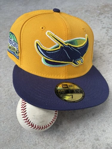 Tampa Bay Devil Rays Tropicana Field Patch 59FIFTY Fitted Hat Gold Navy Sz 7