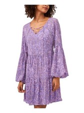 VINCE CAMUTO Womens Purple Lined Pullover Lace-up Sleeve Split Short Dress XS