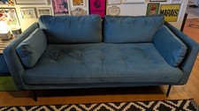 Costal Blue Velvet Large 2 Seater Harlow Sofa by Made.com. Great Condition