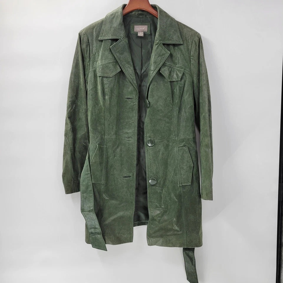 Trench coat feminino Kenar couro verde com cinto 8 jaqueta em relevo líquido  - Imagem 3 de 4