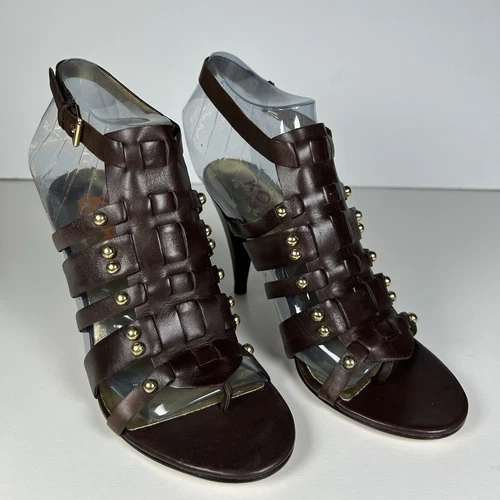 Sandali con tacco alto Michael Kors Dareh Chocolate Shine Vacchetta in pelle taglia 7 M