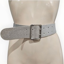 ZARA Women Metallic SIlver Double Prong Leather 2" Wide Leather Belt 80cm/S