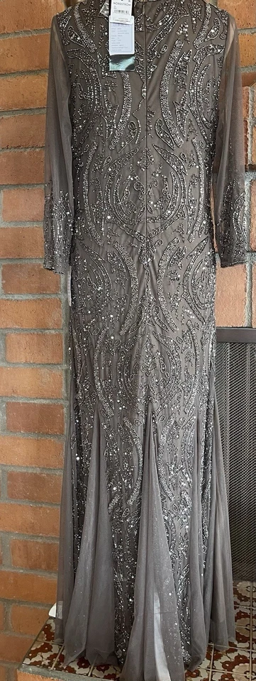 Maxi Vestido de Malla Formal con Cuentas Pisarro Nights para Mujer Talla 14 Moca Evento Boda Foto 2 de 4