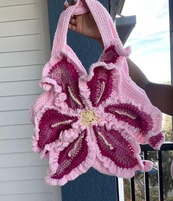 Handmade Pink Lily Crochet Shoulder Bag Custom Lining Available