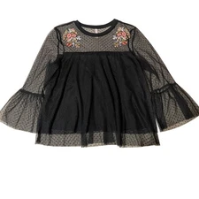 Xhilaration Floral Embroidered Black Mesh Bell Sleeve Tulle Whimsygoth Blouse Lg