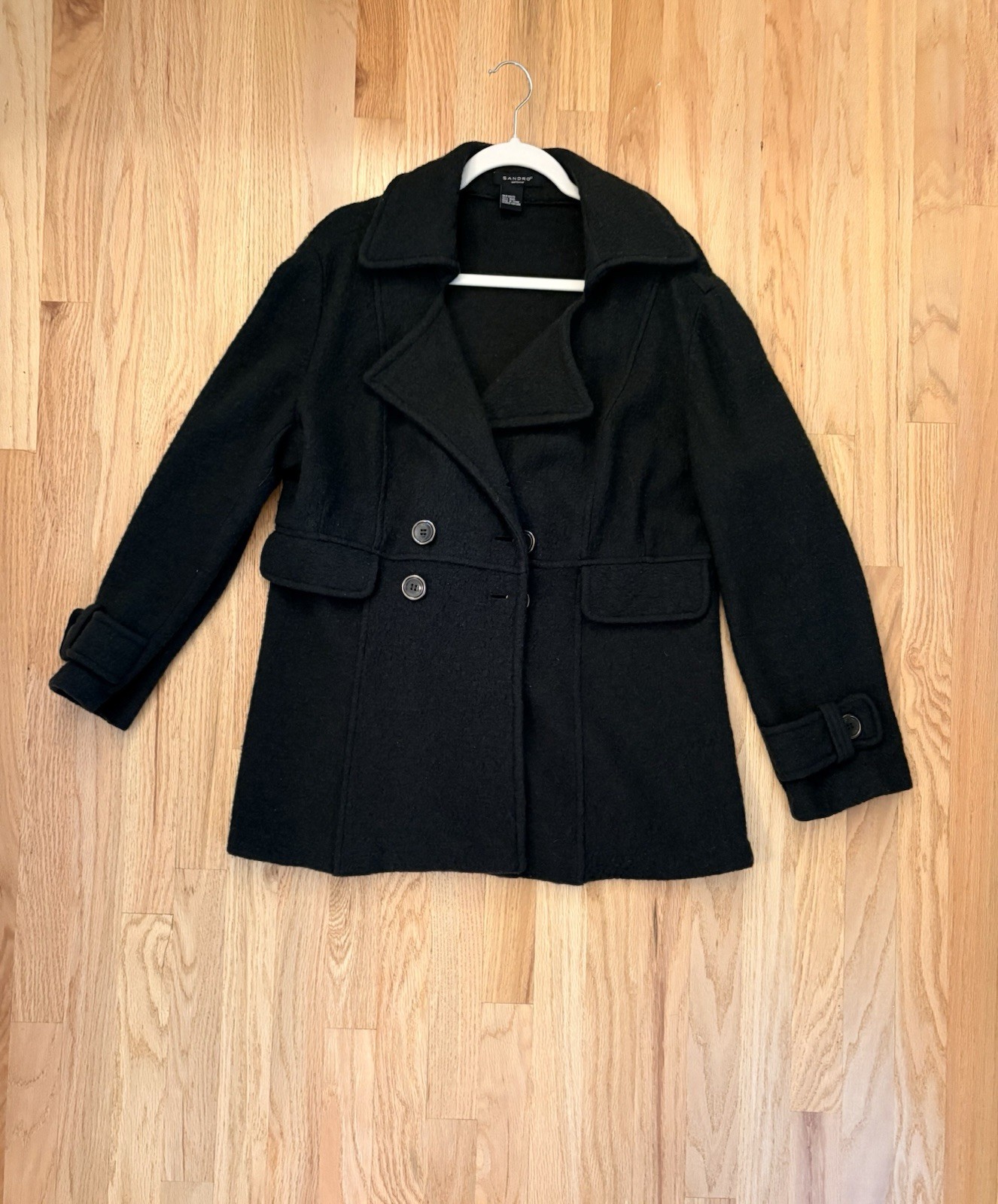 Sandro Wool Pea Coat Gray/Green Women Size Large Mid Length Button Front image 2