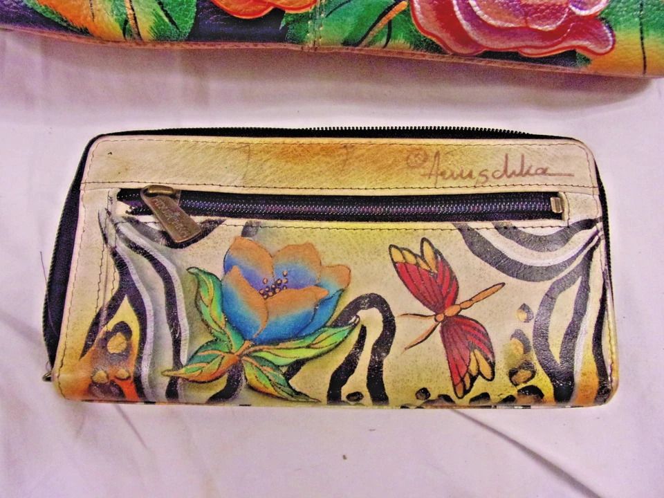 Bolso de mano Anuschka Tigre/Floral, cuero pintado a mano 10 x 12 limpio y billetera en muy buena condición Foto 4 de 4