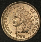1880 INDIAN HEAD CENT LUSTROUS RED UNCIRCULATED LIGHTLY TONED