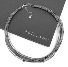 SILPADA Sterling Silver TUBE BEAD & HEMATITE Beaded Grey Leather Necklace~#N2146