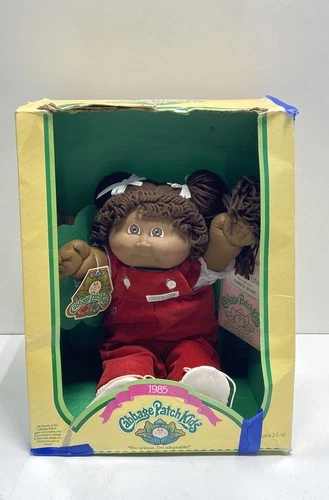 Cabbage Patch Kids Doll Brown Hair Red Overalls Yarn Hair 1985 Classic Soft