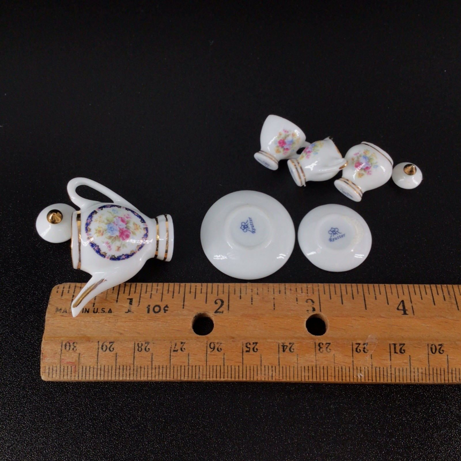 Dollhouse Miniature Reutter Porcelain Tea Set Floral w BLUE BORDER Gilt Germany