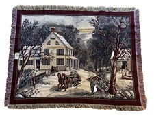 Crown Crafts Tapestry Throw Blanket~Winter Scene Horse Drawn Sled~60x45"~ NEW