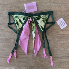 NWT Savage X Fenty Living in the Clouds Garter Belt-Green  Pink Jungle Print-Sm
