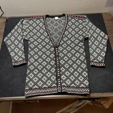 Fair Isle Cardigan Sweater Womens Medium 1970s Wool Nordic Knit Button Birdseye