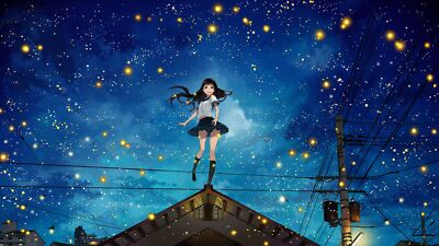 Anime girls night stars fireflies sky power lines CCG Gaming Mat Desk