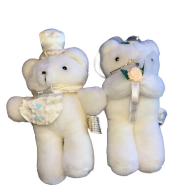 Vintage 1988 Applause White Teddy Bear Bride And Groom Stuffed Animal Set 7 