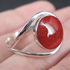 925 Sterling Silver Lightweight Red Coral Ring, Size 9-US, R-UK Adjustable
