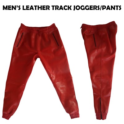 Men's Real Leather Red Track Joggers/Pants with zipper on Ankle