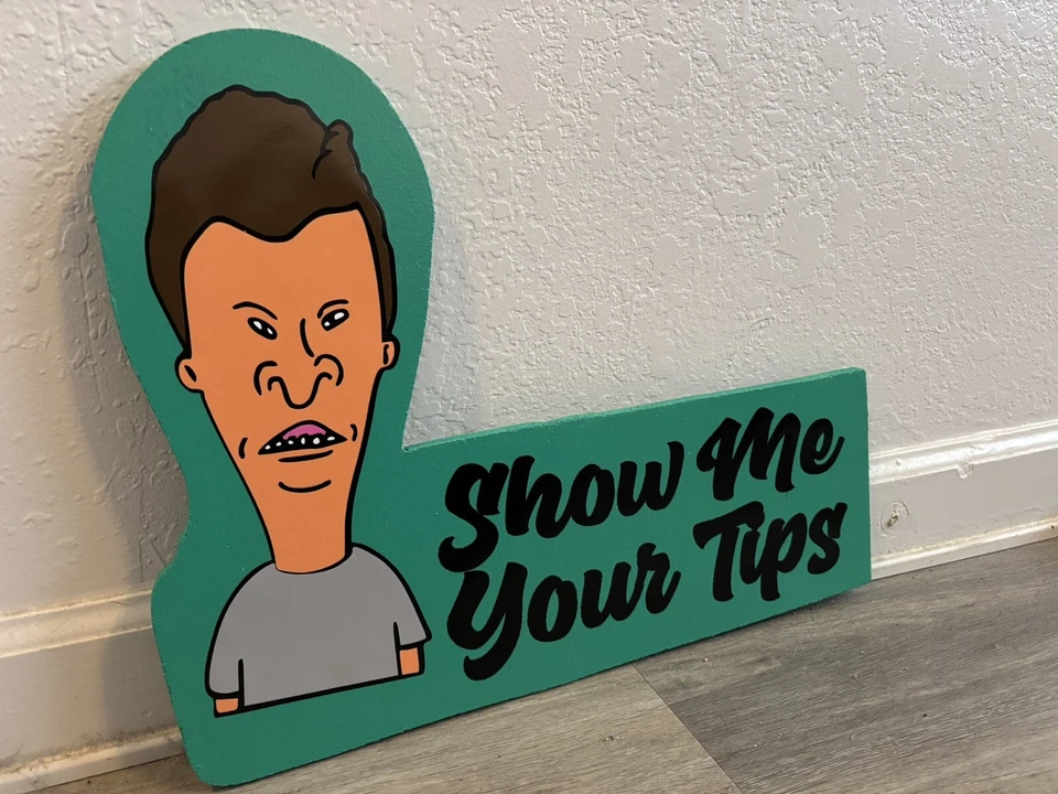 Letrero de punta de peluquería tatuaje Butthead Show Me Your Tips Foto 3 de 4