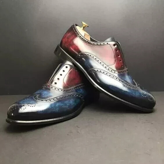 Handcrafted men party shoes Handmade Men Three Tone Wing Tip Brogue Shoes, Designer  main image 4